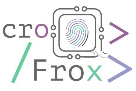 croFrox Logo - zwei Programmierausdrücke und ein individueller Fingerprint in den Farben türkisgrün, magenta, lila, dunkelgrün, anthrazit